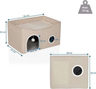 Кігтечка-будиночок для котів PAWY з подушкою, бежева, 40x40x44 см