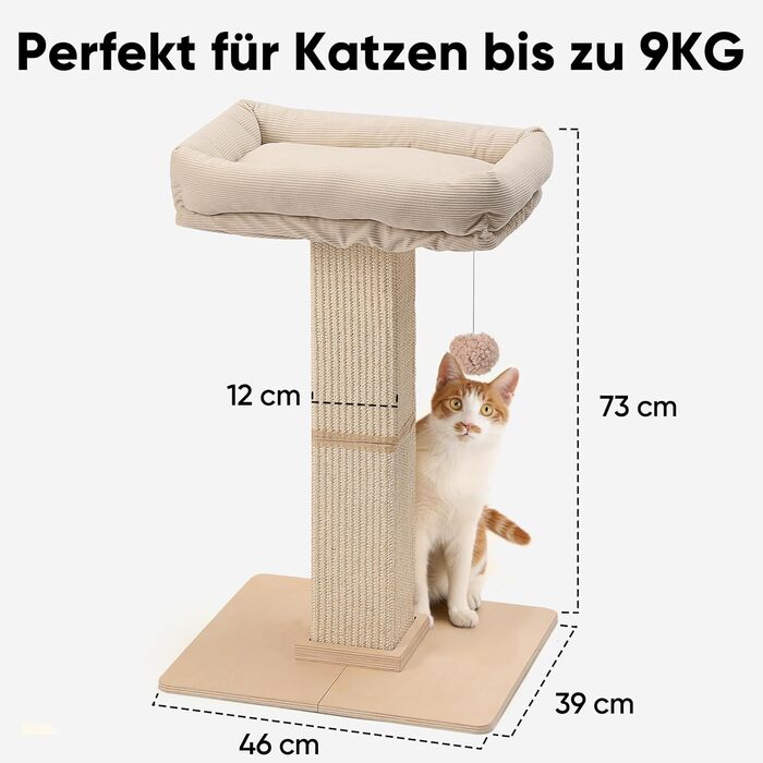 Котячий будиночок FUKUMARU з подряпуванням, 73 см, бежевий. Високий кігтетопор з платформою 46x36 см, з місцем для відпочинку, з натурального сизалю та масивного дерева.