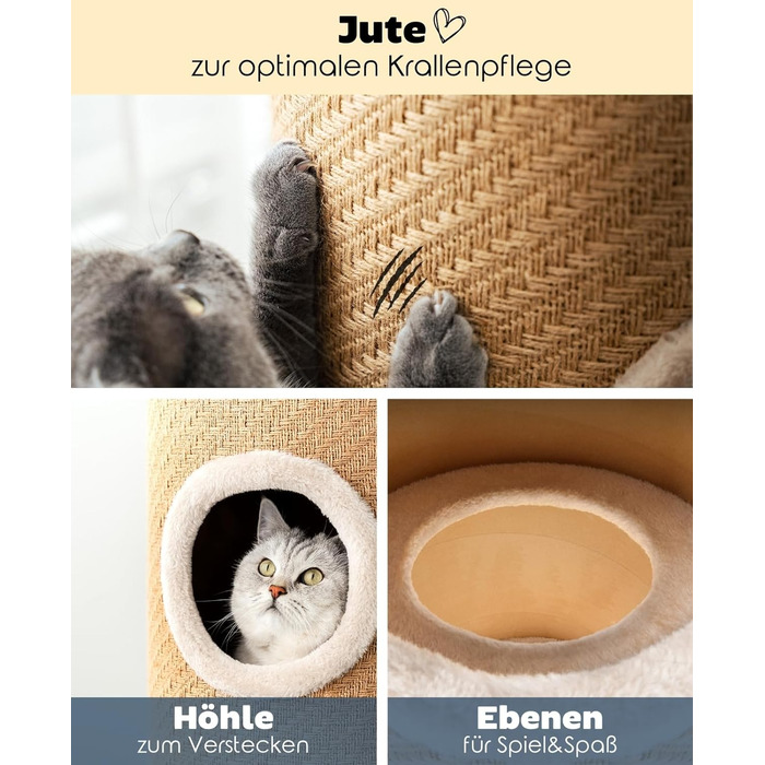 Котячий когтетоп Lionto з сизалю з іграшковим м'ячиком та плюшевим обідком, висота 50 см. Стабільний когтетоп для кошенят та дорослих котів, ідеальний догляд за кігтями та розваги, багато місць для хованнів, діаметр 36 см, висота 50 см (джут, висота 70 см