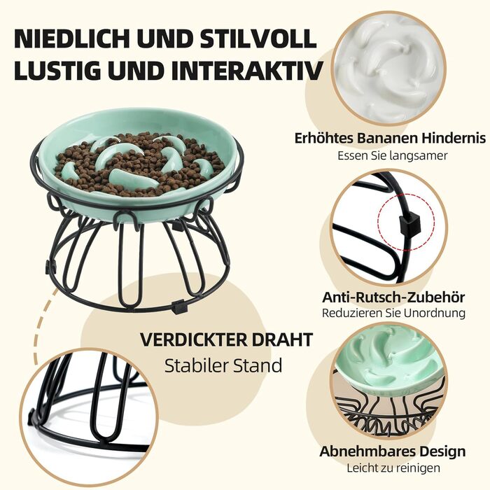 Підвищена годівниця для котів Anti Schling Napf - керамічна миска з антиковзним металевим підставкою, серія Pastel, повільне годування, інтерактивна лабіринтова годівниця, м'ятно-зелений колір