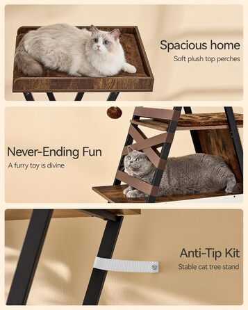 Котячий дім FourFurPets 184 см, багаторівневий дерев'яний котячий комплекс з когтеточкою та будиночками, сучасний котячий тур для дому, великий майданчик, коричневий рустикальний стиль