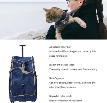Транспортна переноска для собак, складана, велика, з колесами та телескопічною ручкою, для котів та собак до 17,5 кг (BLUE)