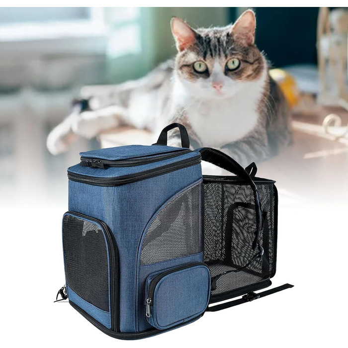 Рюкзак-переноска для котів RASTKY, складана переноска для тварин, міцна переноска для собак та малих тварин до 8 кг, ідеально підходить для візитів до ветеринара, прогулянок у парку, сірий (чорний) (блакитний)