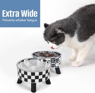 Набір мисок для котів з повільним годуванням (2 шт.) - широкі, з нержавіючої сталі, підставка з пластику та силікону. Ідеально для котів з чутливими вусиками. Фідер для води та корму.
