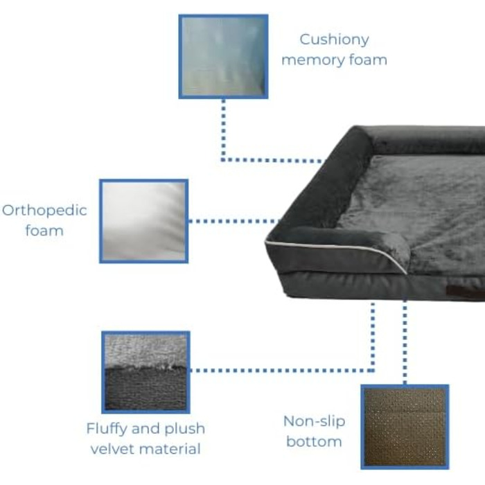 Ортопедичне ліжко для собак великих порід, вологостійке, з Memory Foam, знімний чохол, антиковзаюча підставка (XL, сірий) 89 x 64 x 17 см