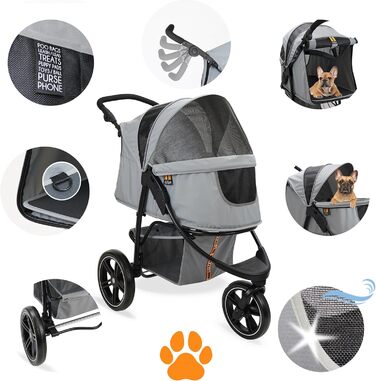 COOPER Складаний візок для собак до 32 кг | Регульована висота, кошик для покупок, Soft Touch ручки, світловідбиваючі елементи | Ідеальний для транспортування тварин – Сірий