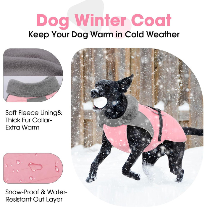 Зимовий теплий куртка для собак Nanaki з флісовою підкладкою, водонепроникний, світловідбиваючий, з отвором для повідка, пухнастий комір, середній розмір, для прогулянок на вулиці, полювання, простий у використанні (Large, Pink)