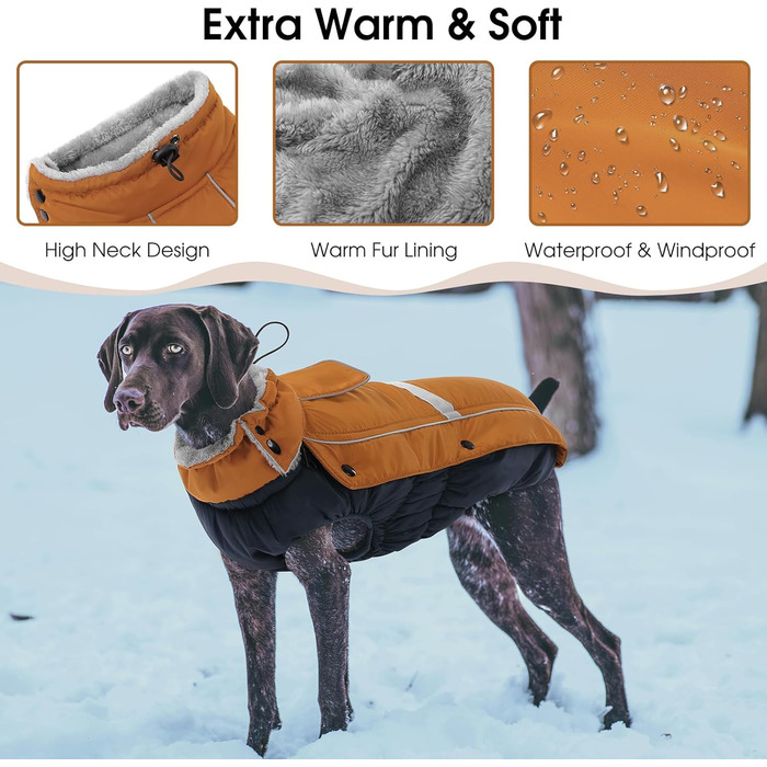 Тепла флісова куртка для собак Queenmore, водонепроникна куртка для собак на холодну погоду, з отвором для повідка, світловідбиваючий комір, теплий зимовий костюм для собак маленьких, середніх та великих розмірів, коричневий