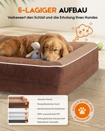 Ортопедичний лежак для собак XL, кошик для собак, що можна прати, з піною у формі яйця, водовідштовхувальний диван для собак з неслизьким дном та чотиристоронніми подушками (світло-коричневий, 117x76x19 см)