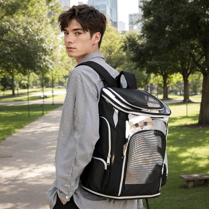 Рюкзак для тварин: переноска для собак та котів, до 9 кг, з сіткою та мискою, чорний