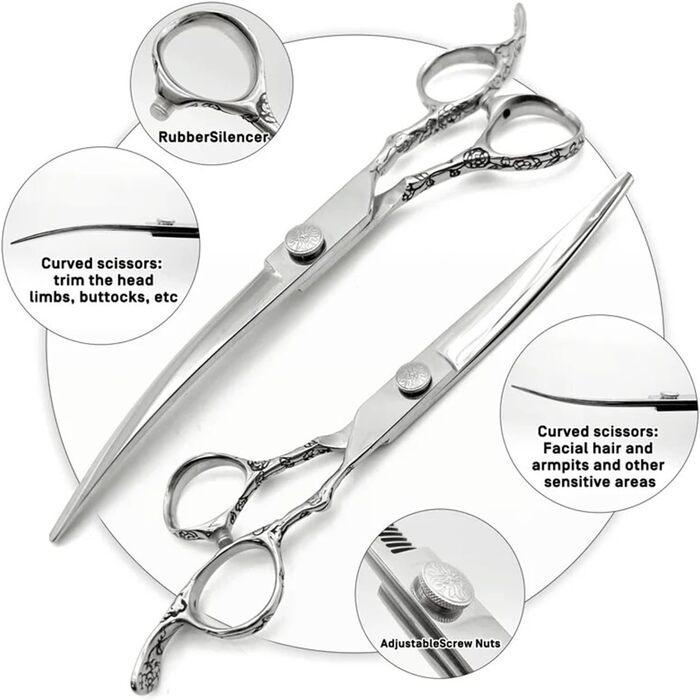Професійна ножиця для грумінгу собак 7,5 дюймів: набір ножиць для догляду за собаками (вигнуті, прямі, розріджувальні)