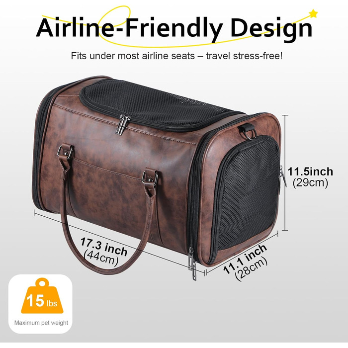 Сумка-переноска для тварин Johomviin з шкіри для маленьких собак та котів до 6,8 кг, схвалена авіакомпаніями, легка сумка для подорожей з дихаючою сіткою та плечовим ременем (колір: кавовий)