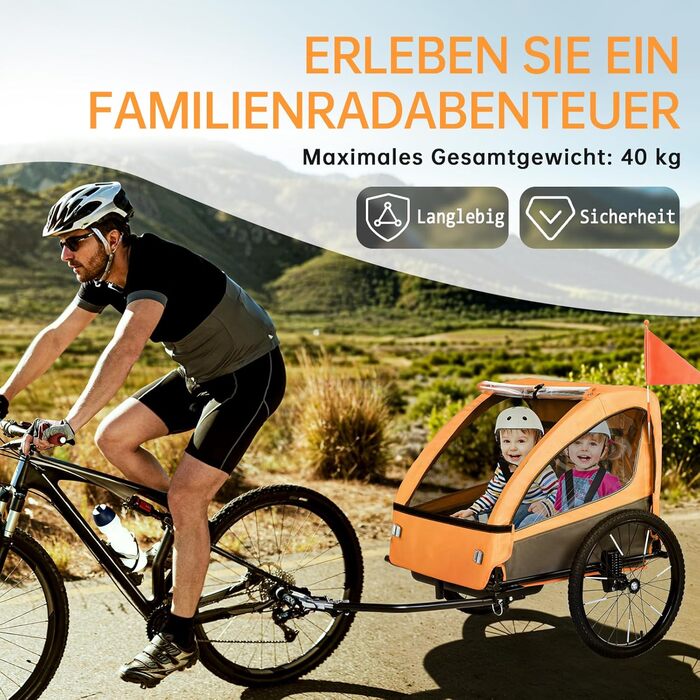 Дитячий велопричіп 2в1 з функцією коляски та бігуна, амортизація, регульована ручка-штовхач та гальма, для 1-2 дітей, до 40 кг (Помаранчевий)