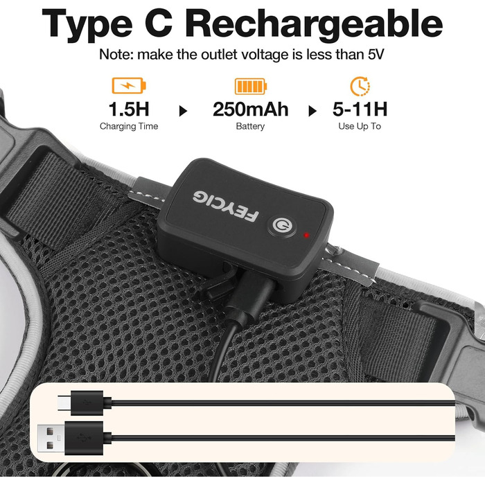 Світловідбиваючий нашийник для собак великих порід Feycig з LED підсвічуванням, акумуляторний, регульований, 3 режими освітлення, висока видимість (Чорний, Large)