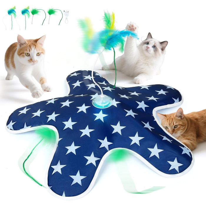 Інтерактивна іграшка для котів PUHOHUN: автоматична мишка з пір'ям, іграшка-палиця з пір'ям, синього кольору