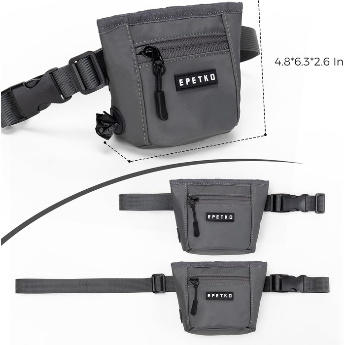 Сумка для ласощів для собак з металевим кліпом для ременя, міцна застібка-магніт, велика місткість, диспенсер для пакетів для екскрементів (темно-сірий)