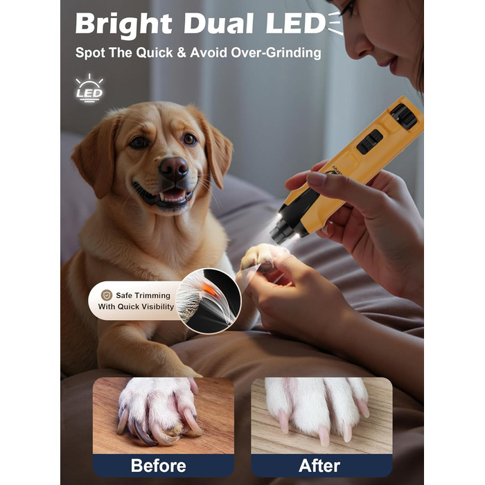 Електричний шліфувальник нігтів для собак Casfuy - 6 ступенів, тиха робота, з LED-підсвіткою та збирачем пилу