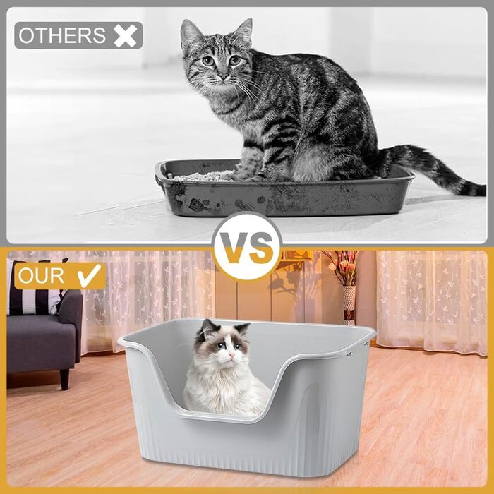 Відкритий лоток для котів Duscdesp 64x45x33 см з високим бортиком, сірий. Великий лоток для котів, без кришки, стійкий до розбризкування, підходить для великих котів та кошенят.