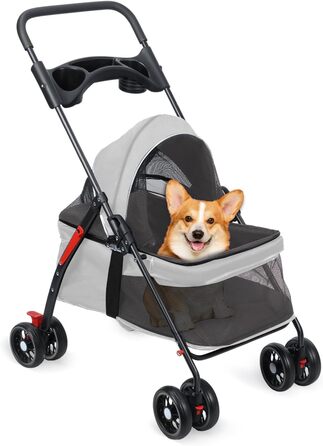 Візок для тварин для маленьких собак та котів, складаний, сірий, з поворотними колесами та регульованим капюшоном