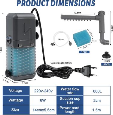 EXLECO Фільтр для акваріума 1.1M, внутрішній фільтр з 2 змінними губками, регульований фільтр для акваріумів об'ємом 20-50л, помпа-фільтр для акваріумів з розпилювачем (6W 600L/H)