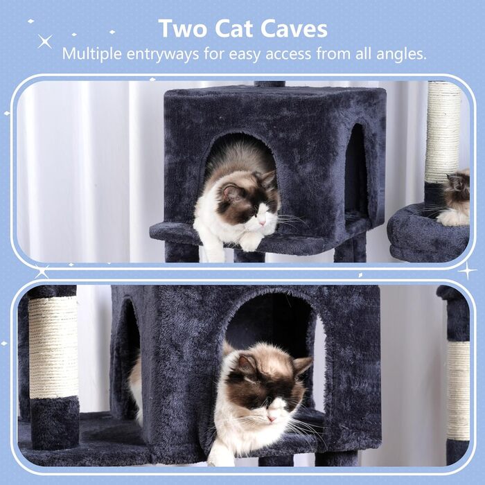 Дерев'яний будиночок для котів Hey-brother з розширеною платформою, широкими полицями, затишними печерами, гамаками, сизалевими стовпчиками та м'ячиком, 178 см, MPJ038W (димно-сірий)