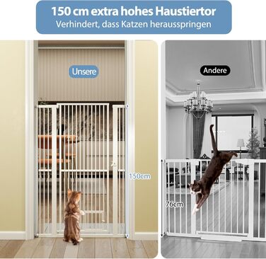Захист для воріт COSTWAY для собак, високе перегороджувальне ґрат, 77-104 см x 150 см, захист з маленькими дверима, 2 розширення, ґрат без свердління, висувний ґрат для собак, металевий захисний ґрат, білий