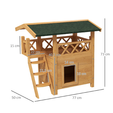 PawHut Cat House 2-поверховий з асфальтовим дахом і балконом, вілла для кішок з масиву дерева зі сходами, натуральна, 77x50x73см| Аосом