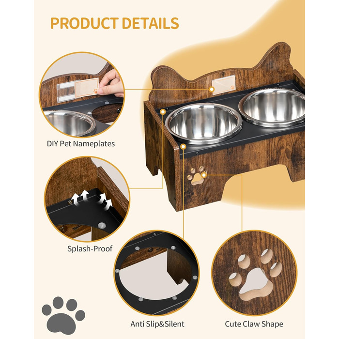 Підвищена годівниця для собак Hzuaneri з двома мисками, нержавіюча сталь, захист від бризок, антиковзаюча, безшумна, для малих та середніх собак, вінтажний коричневий, PB01601B
