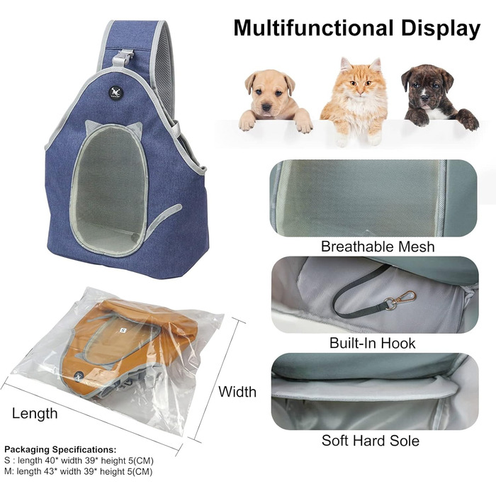 PETCUTE Сумка-переноска для собак та котів, складана, для дрібних тварин, з ремінком безпеки, блакитна денім (M)