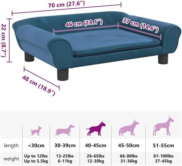 Крісло-ліжко для собак, м'яке ліжко для тварин, лежанка для маленьких собак та котів, блакитний колір, 70 x 48 x 22 см, з велюру