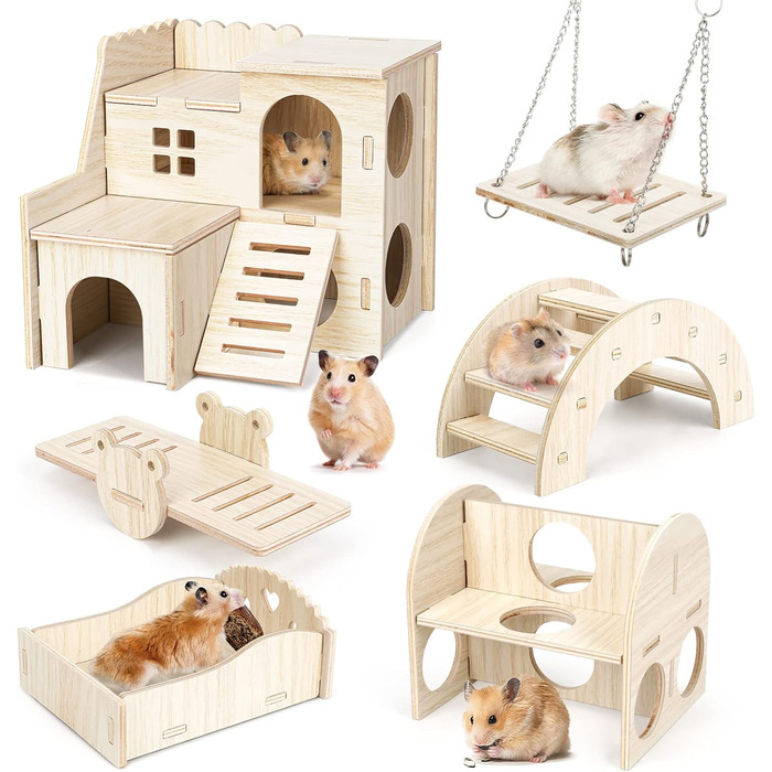 Набір дерев'яних іграшок для хом'яків, 6 шт. - будиночок, іграшки для гри та ховання, підходить для шиншилл, морських свинок, мишей, кроликів
