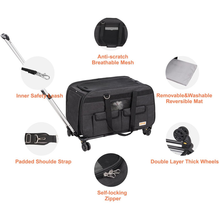 Тролей для собак VEVOR, 15.8 кг, чорний. Зручний рюкзак-переноска для собак, 600D Oxford, 4 колеса, для подорожей та вигулу