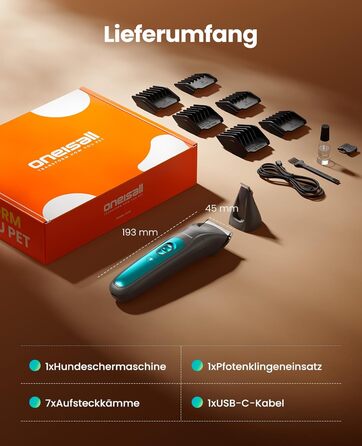 Машинка для стрижки собак та котів oneisall 2-в-1 з тримером для лап, LED-підсвічуванням, тиха робота, акумулятор 2000 mAh, професійний триммер для густого та кучерявого хутра, синій