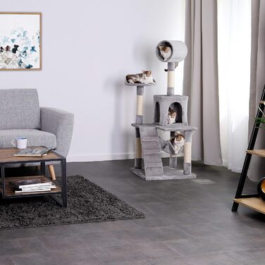 Дерево для котів Lionto з гамаком та тунелем, 133 см, з сизалевого мотузка та м'якого плюшу, з лежаками та печерами, підходить для котів будь-якого розміру, сірий