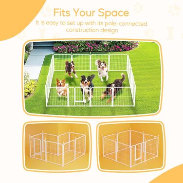 Вольєр для собак HealSmart, 61 см, 8 панелей, міцний метал, портативний, для дому та вулиці, для кемпінгу, двору, автодому, садово-паркових насаджень, приватності, тераси, білий