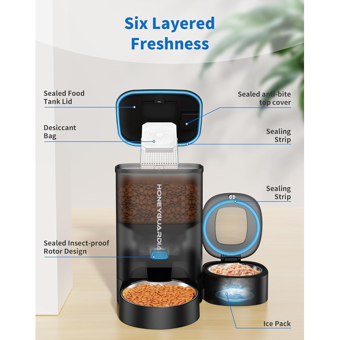 Автоматичний годівниця для котів HoneyGuaridan 2-в-1 з Wi-Fi, для сухого та вологого корму, з охолодженням та сухим мішечком, чорний