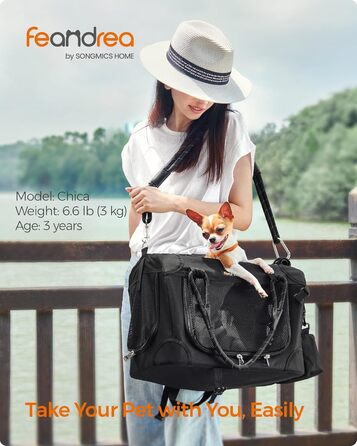 Транспортна сумка Feandrea для собак та котів, складна, чорна, розмір S (до 5,9 кг), з металевим каркасом та повідком