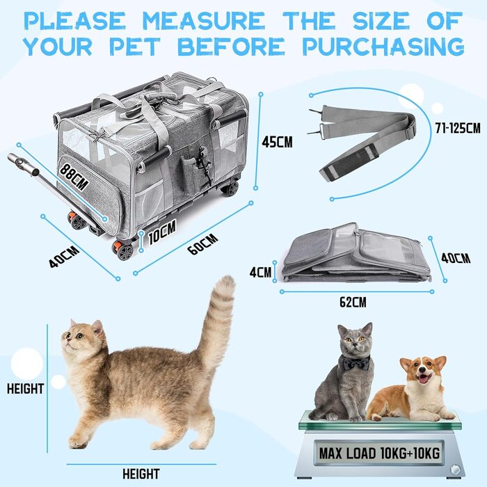 Велика переноска для тварин з двома відділеннями та колесами для кота/собаки, знімна складана переноска для 2 котів до 20 кг, вентильована переноска-рюкзак для котів для подорожей/походів/кемпінгу