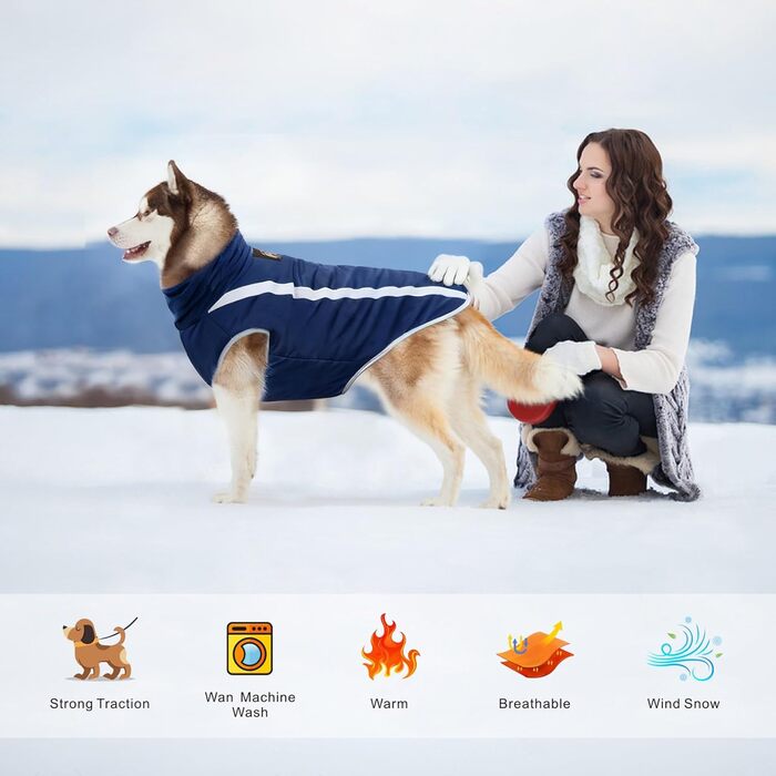 Водонепроникний зимовий дощовик для собак Idepet, тепла куртка, вітронепроникний одяг для собак, куртка для собак з отвором для шлейки -6 (4XL, Navyblau)