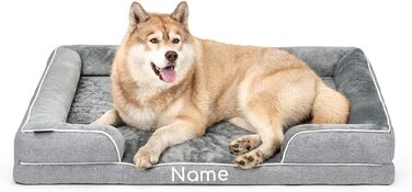 Ортопедичне ліжко для собак Lionto з піднятим бортиком, 89x63x17 см, м'яке крісло для собак з фланнелю, знімний та пральний чохол, неслизьке, для маленьких та великих собак та котів, сіре (з нанесенням імені)