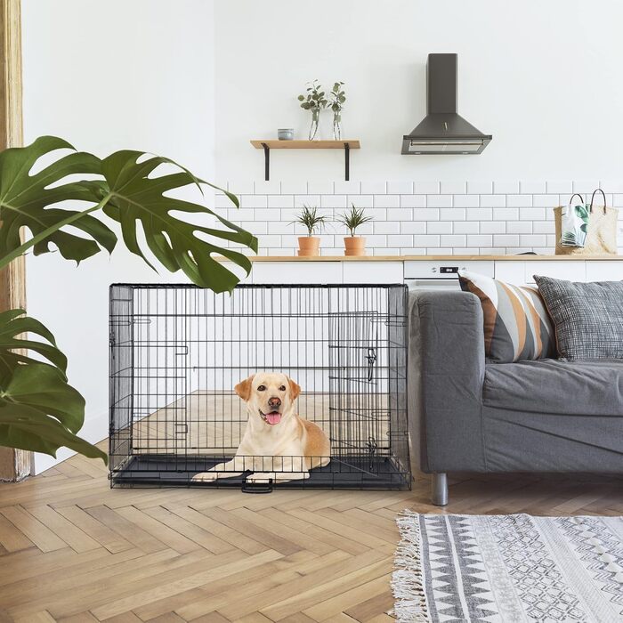 Складана клітка для собак Relaxdays, сталева, для дому та авто, 82x121x76 см, з підлогою, 2 двері, ручка, чорна