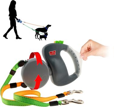 Повідок-рулетка WIGZI Dual Doggie 3.0 з гелевою ручкою, сірий, для двох собак