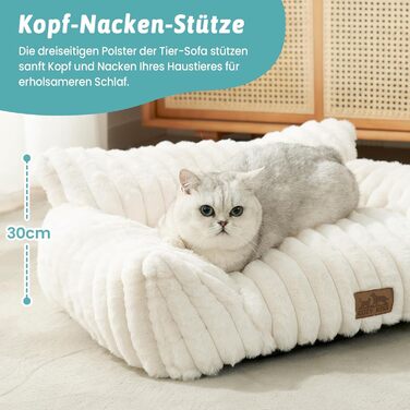 Велике котяче ліжко з велюрової тканини 65x44x30 см для котів та маленьких собак, м'яке котяче ліжко-софа та собаче ліжко, штучне хутро, підтримка голови та шиї, неслизьке та придатне для прання, кремового кольору 65x44x30 см