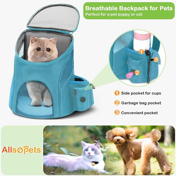 Рюкзак для котів та маленьких собак ALLSOPETS, переноска для тварин з прозорою верхньою частиною, складний, для подорожей (Світло-блакитний, S)
