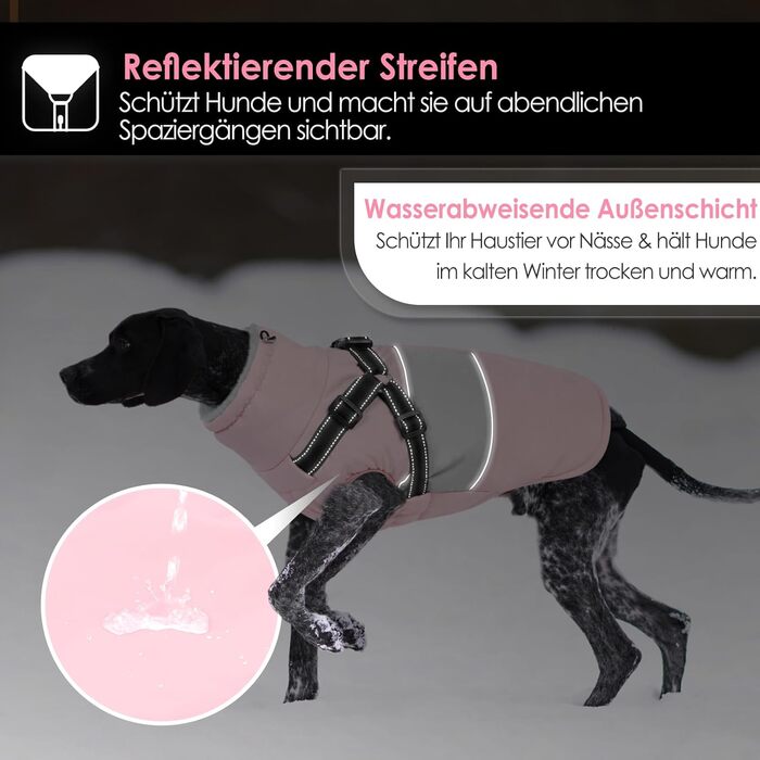 Водонепроникний теплий зимовий одяг для собак AOFITEE, рожевий XS, з шлейкою, з блискавкою та флісовою підкладкою, світловідбиваючий