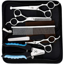 Набір для стрижки та грумінгу тварин: 8 предметів, професійна сталь, для собак та інших тварин. Містить випрямляючий ножик 15.2 см, фірмова срібна ножиця