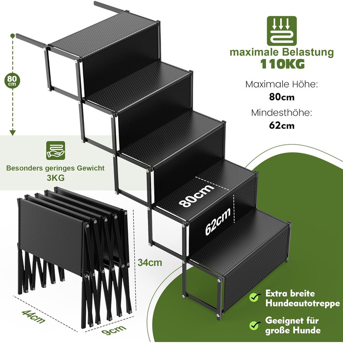 Сходинки для собак XARILK - 5-ступенева складана трепетка з алюмінію, до 110 кг, 44 см, для авто, позашляховиків, ліжок та вантажівок