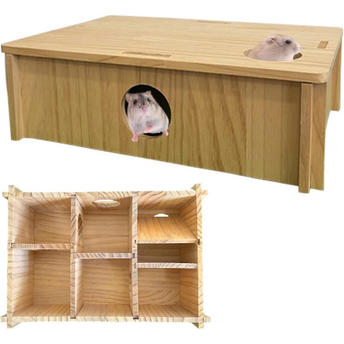 Будинок-лабіринт для хом'яків та морських свинок MUYG, дерев'яний, з декількома кімнатами та тунелями, іграшка-дослідник, аксесуар для дрібних гризунів