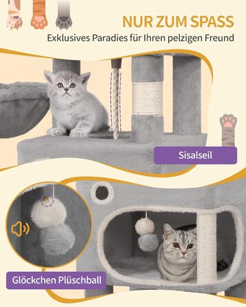 Кігтеточка для котів Hzuaneri, 159 см, з 8 стовпчиками, 3 платформами, 2 ховалами, корзиною, плюшевими кульками, мотузкою з сизалю, підходить для котів різних розмірів, MS15918LG (XL, світло-сірий)