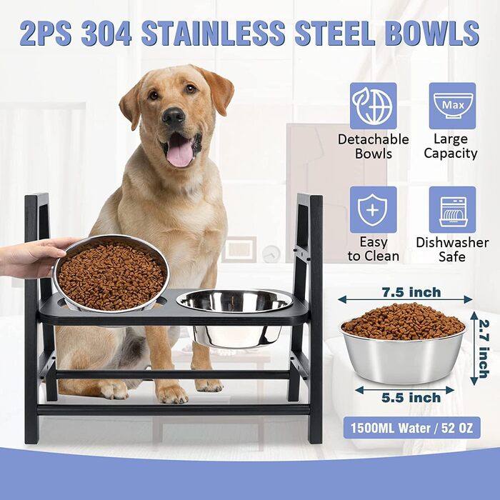 Підставка для годівлі собак з регулюванням висоти, дерев'яна, з двома мисками з нержавіючої сталі, нахил 15°, регулювання по висоті в 3 положеннях